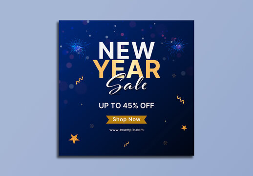 Editable New Year Sale Social Media Post Template with Discount Offer in Blue Theme Design.