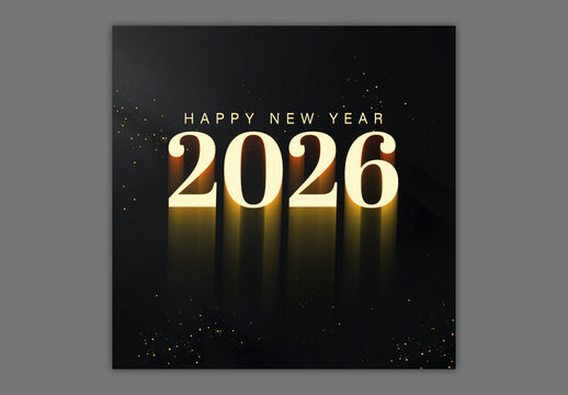 Golden 2026 Happy New Year Text on Black Background, Editable Social Media Post Template.