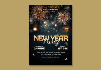 Editable New Year Party Flyer with Event Details in Dark Theme Design.