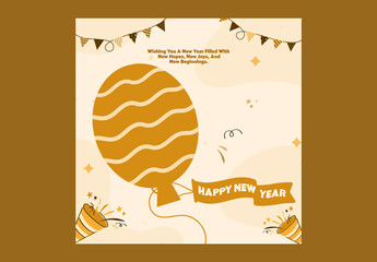 Happy New Year Social Media Post Template with Balloon and Party Poppers on Beige Background, Editable Design.