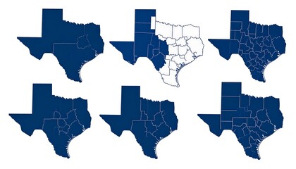 Fototapeta premium Six diagrams showing the outline of a state's shape with varying levels of internal divisions, progressing from whole to detailed