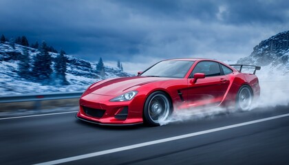 Obraz premium Red Sports Car Drifting on Snowy Mountain Road — Winter Driving, Speed Motion Blur, Performance Car Action Scene