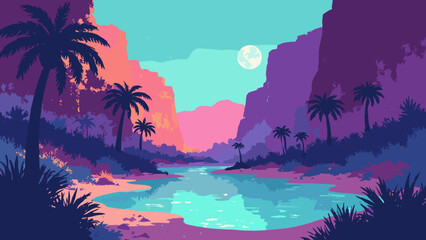 Neon canyon oasis — hidden pool framed by glowing cliff glyphs and palm silhouettes, palette: neon green, cobalt, sand, no people