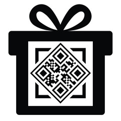 Black Christmas gift box icon with a bow, featuring a QR code on the front face. Simple, modern design suitable for digital gifts, e-commerce, mobile scanning, and tech-related gift concepts.