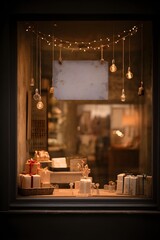 Cozy warm lit shop window display at night with festive decorations and gifts