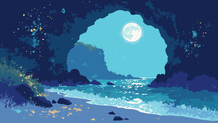 Bioluminescent coastal cave — inner cave walls studded with living light organisms, tide lapping silver sand, palette: electric aqua, indigo, pearl, no people