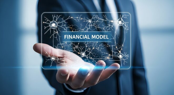 Man in suit holding a financial model interface with neural network connections in hand