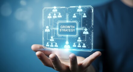 Person holding a glowing digital display of a growth strategy organizational chart