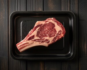 Succulent raw tomahawk steak ready for gourmet preparation, showcasing rich marbling on a rustic dark background