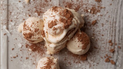 Dessert featuring spherical ice cream pieces dusted with cocoa powder, highlighting a rich flavor profile