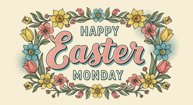 Retro style Easter Monday greeting card with a beautiful border of colorful spring blossoms and elegant typography on a vintage background
