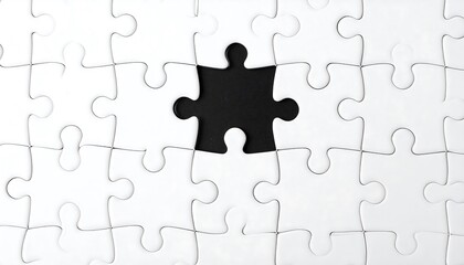Close-up view of a partially completed jigsaw puzzle, with one black space where a piece is missing. The white pieces are interlocked