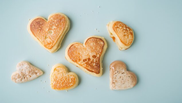 Heart-shaped pancakes on a light backdrop, a delightful breakfast choice for Valentine's Day