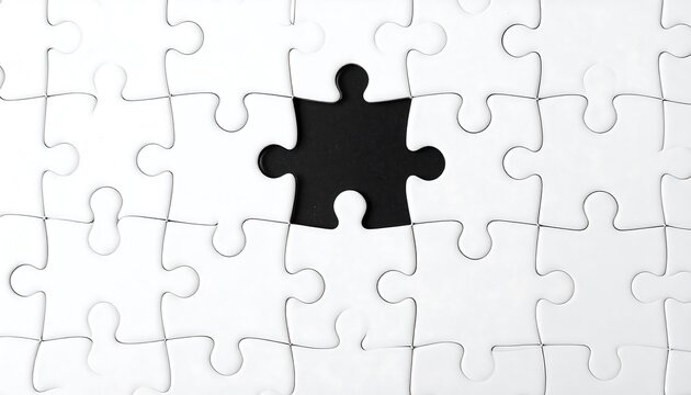 Close-up view of a partially completed jigsaw puzzle, with one black space where a piece is missing. The white pieces are interlocked