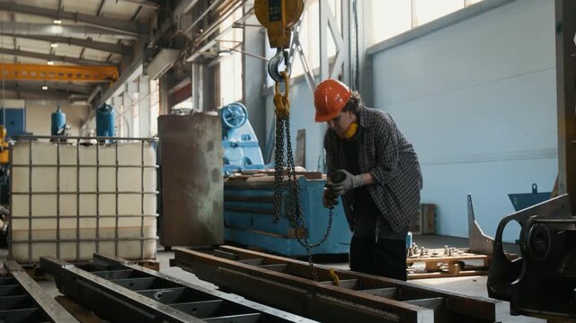 Young female rigger in orange hard hat attaching steel hooks to metal part preparing load for lifting by hoist at metal fabrication plant