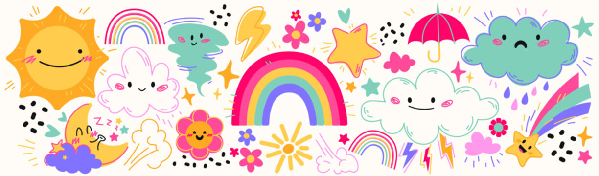 Naklejki Cute colorful weather icons on white background. Vector cartoon illustration of kawaii style sun, cloud, moon characters with faces, colorful doodle rainbow, flower, rain, lightning, tornado, umbrella