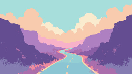 Vaporwave canyon road — ribbon road winding between pastel mesas and vapor clouds, palette: peach, lavender, teal, no people