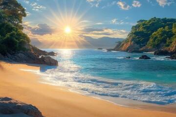 Bright sun shining over a tranquil beach with turquoise water, golden sand, rocky shoreline, and lush green trees under a partly cloudy sky