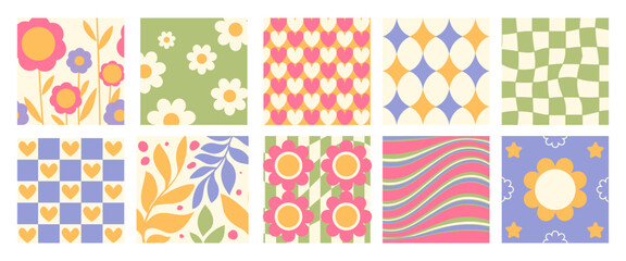 Fototapeta premium Daisy retro y2k seamless pattern collection with flower groovy backgrounds - floral motifs and hearts, checkered tiles and wavy stripes in pastel colors. Nostalgic 2000s textures for textile design