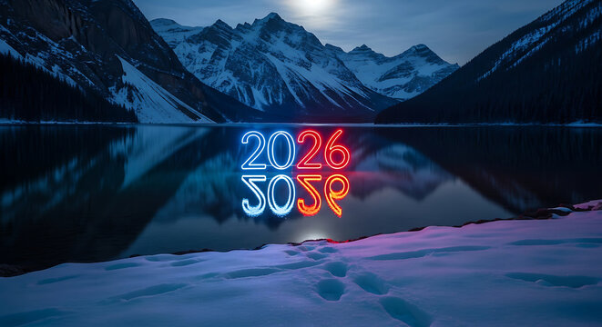 Neon 2026 reflected in calm lake with snow covered mountains