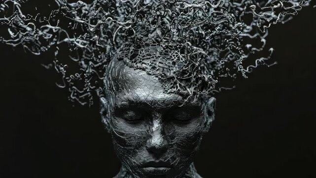 A man with a digital waterfall flowing from his head, set against a dark background.