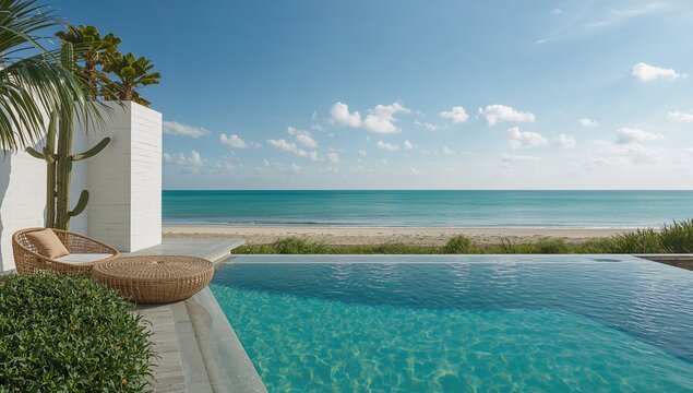 Bali poolside rattan seating beside a cactus against a white block wall, relaxation setting