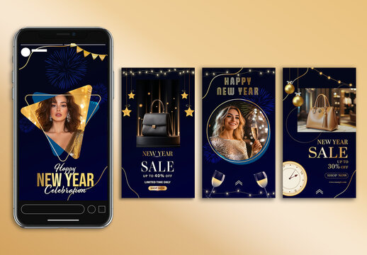 Editable Social Media Sale Post Template Set with Smartphone Mockup for Online Shopping and New Year Celebration.