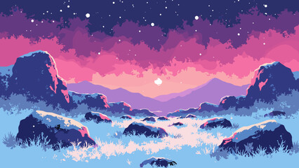 Neon tundra stones — scattered boulders rim-lit in electric hues with frost crystals glinting, palette: electric pink, ice blue, graphite, no people