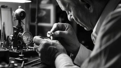 Video A man works on a watch in a workshop with various tools and machinery