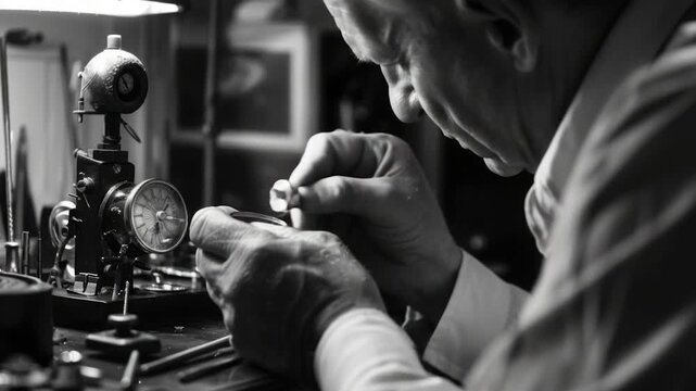 Video A man works on a watch in a workshop with various tools and machinery
