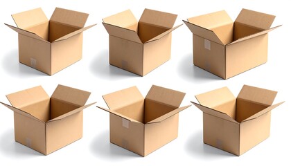 Fototapeta premium Six empty, open cardboard boxes arranged in two rows, offering different perspectives on their interior. Each rests on a white background