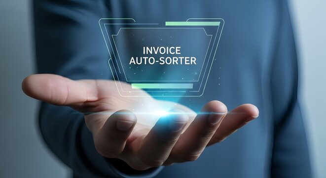 Man holding a futuristic invoice auto sorter interface in his hand close up view shot - Powered by Adobe