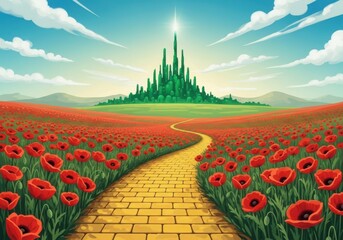 Winding golden path through a vibrant red poppy field towards a glittering green city fantasy world