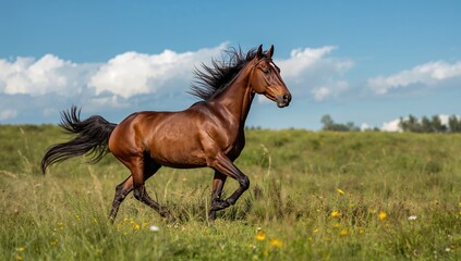 Arabian Horse Gallops Freely Across Open Field, Emphasizing Freedom