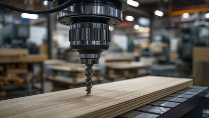 A drill head of a woodworking machine in operation at a furniture workshop, efficiency