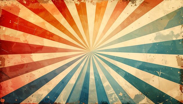 Vintage-style sunburst background with red, orange, white, and blue radial stripes, featuring a distressed texture with grunge effects