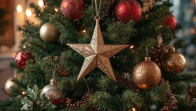 A star and festive baubles adorning the evergreen branches