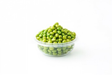 Clear plastic container filled with green mung beans on a white backdrop