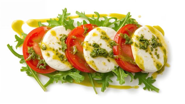 Vibrant caprese salad featuring tomatoes, mozzarella, arugula, and pesto, a fiber-dense choice