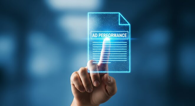 Hand touching a digital ad performance document on a blue glowing background screen