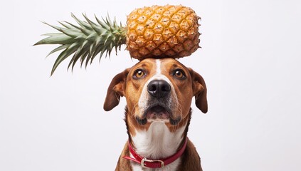 Dog balancing a pineapple on its head, amusing animal behavior