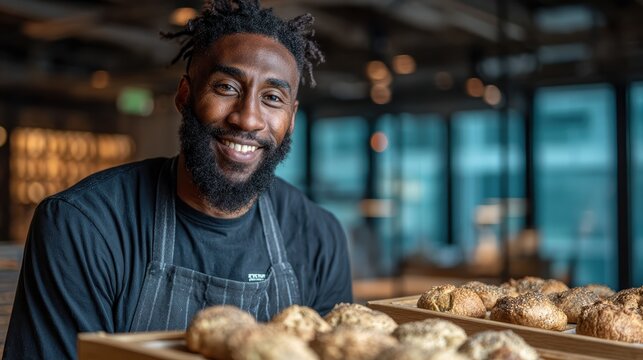 Diverse baker shows bagels on wooden tray