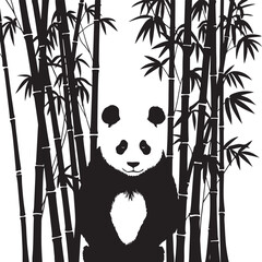 Black and white illustration of a panda in a bamboo forest