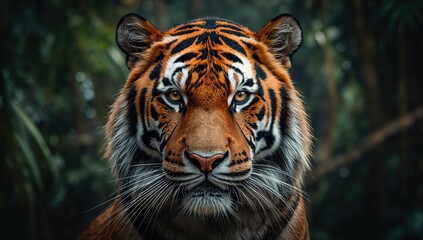 Fototapeta premium Tiger face displaying intense focus, surrounded by trees, emphasizing wildlife concentration
