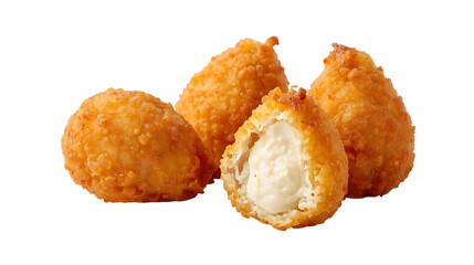 Crispy teardrop-shaped chicken croquettes, golden crust, cut open showing 