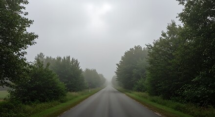 Misty Country Road Lined with Trees on an Overcast Day.