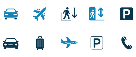 Modern vector icons representing transportation, travel, and essential services like parking and communication, perfect for websites, apps, and informational graphics.