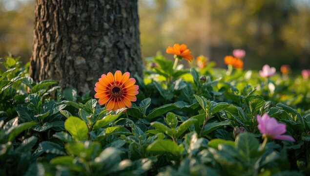 Flowers with lush greenery and leaves, enhancing natural beauty, Earth Day