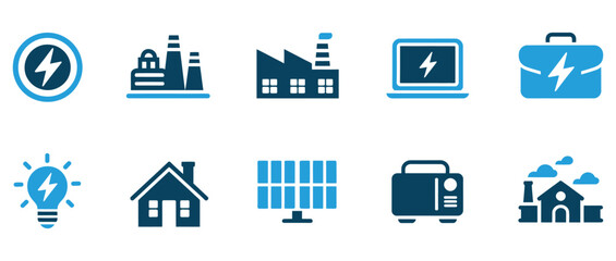 Modern energy and industry icons including lightning bolt, factories, laptop, briefcase, lightbulb, house, solar panel, and generator symbolizing power and innovation for business
