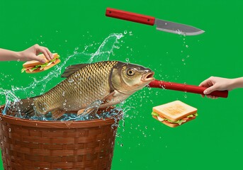 Fish in a basket with sandwiches and a knife.